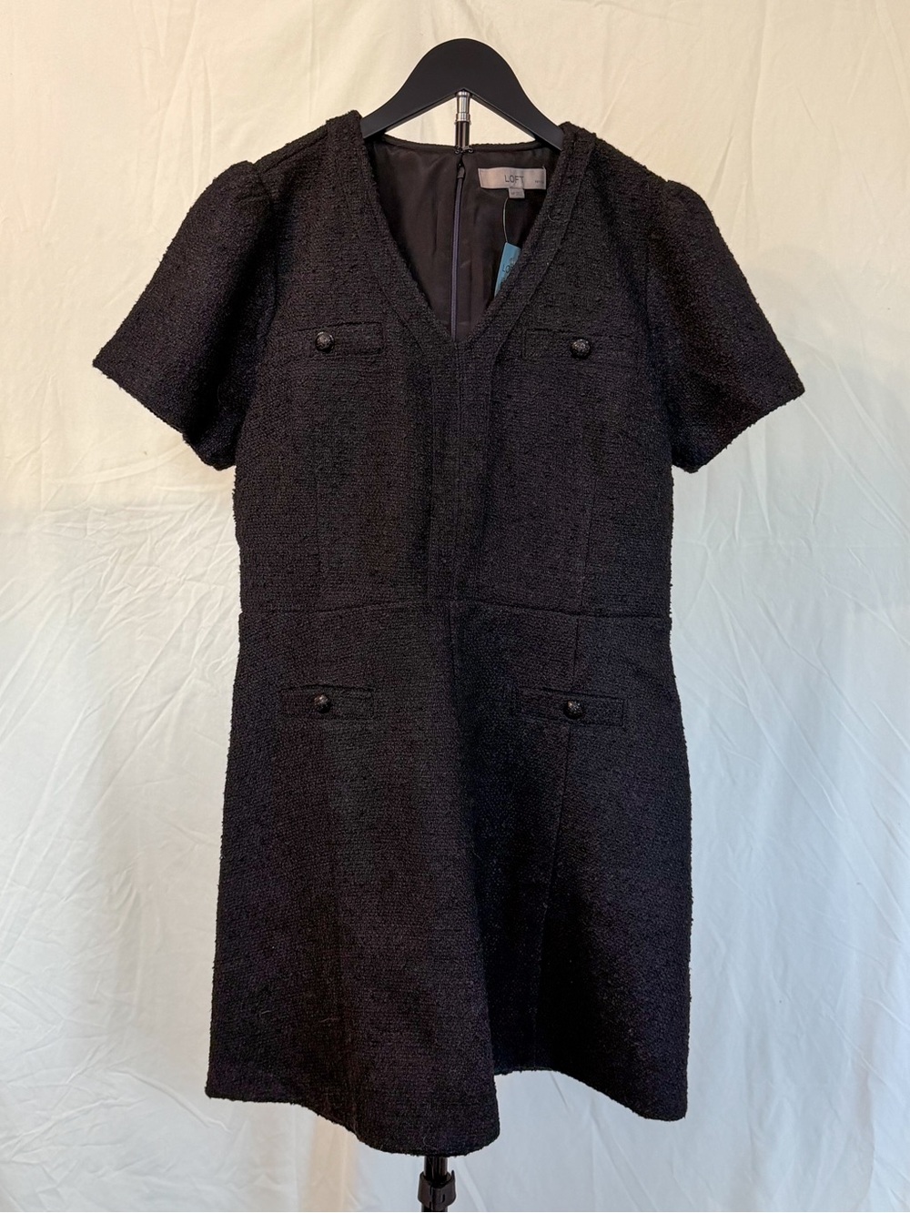 Loft Petite Black Tweed V-Neck Mini Dress